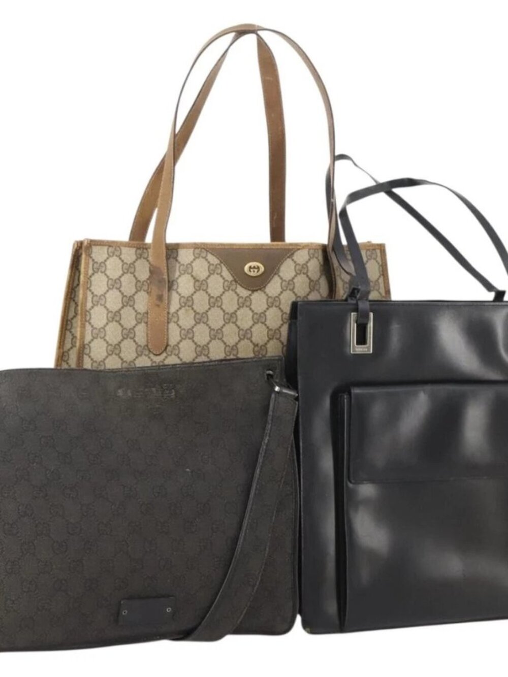 GUCCI GG Canvas GG Supreme Tote Bag Leather PVC 3 Set Black Beige Auth